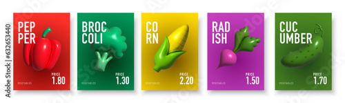 Vegetables posters and prices. Inflatable Vegetables. Inflated 3D element with the plasticine effect. Set icon pepper, broccoli, corn, radish, cucumber. Vector illustration