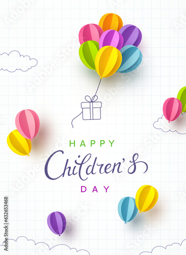 Children's Day postcard with flying balloons bunch and gift box on page background. Vector 3d paper colorful ballons special cartoon kids poster template