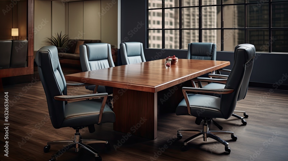 board room table with leather rolling chairs generative AI board room table with leather rolling chairs generative AI