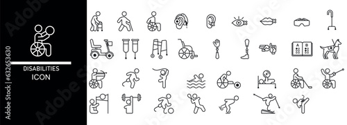 disabilities outline icon collection, for UI purposes. WEB, isolated white color baground, editable EPS 10