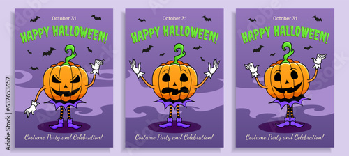 Three Halloween posters with pumpkin character, Halloween party invitation, greeting, All Saints Day holiday