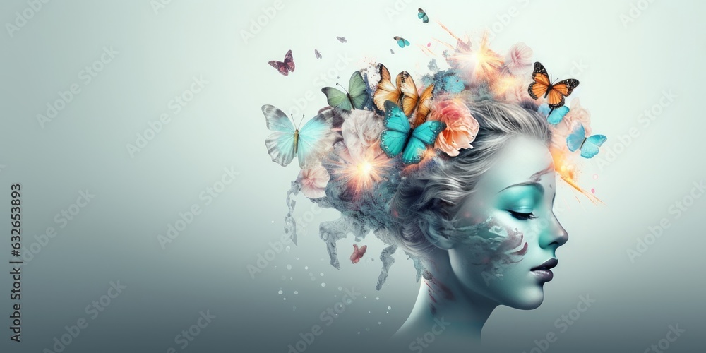 Human brain with flowers, butterflies and water splash, self care and mental health concept, positive thinking, creative mind, Generative AI