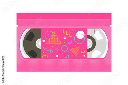 Bright pink retro videotape 90s style. Back to 90s. Video cassette with Vintage magnetic tape. Hits of nineties. Nostalgia for 1990s, 2000s. Neon colors. Vector illustration