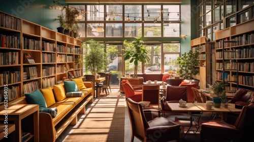 bright and inviting bookstore cafe with comfortable seating generative AI