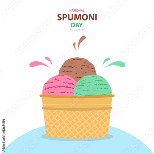 National Spumoni Day on august 21 with vector illustration ice cream scoops and text isolated on white and blue background for commemorate and celebrate National Spumoni Day. photo