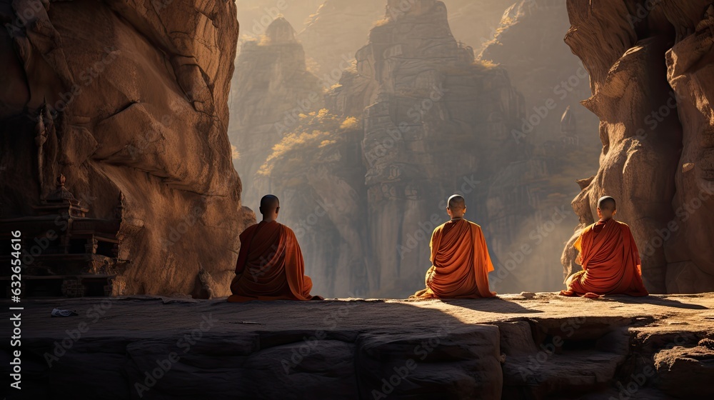 buddhist monks in orange saffron robes meditating praying outdoors rocky cliffs, datong hanging monastery china precipitous height generative AI - obrazy, fototapety, plakaty 