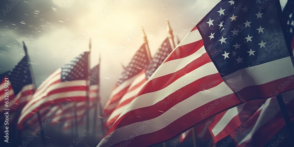 American flags on a background of blue fog. - obrazy, fototapety, plakaty 