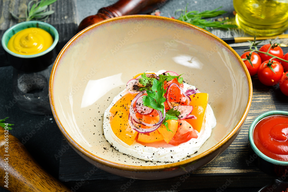 Salad of colored tomatoes, radishes and onions with cream cheese. In a plate. On a black stone background. Photo of food. Salad of colored tomatoes, radishes and onions with cream cheese. In a plate. On a black stone background. Photo of food.