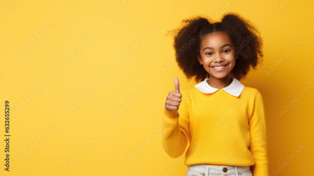 Cheerful happy young small schoolgirl make fingers thumbs up smile isolated on yellow color background.Created with Generative AI technology. Cheerful happy young small schoolgirl make fingers thumbs up smile isolated on yellow color background.Created with Generative AI technology.