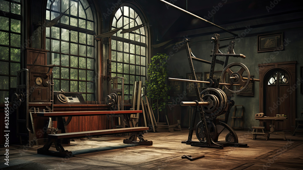 Fototapeta premium Old gym interior with equipment