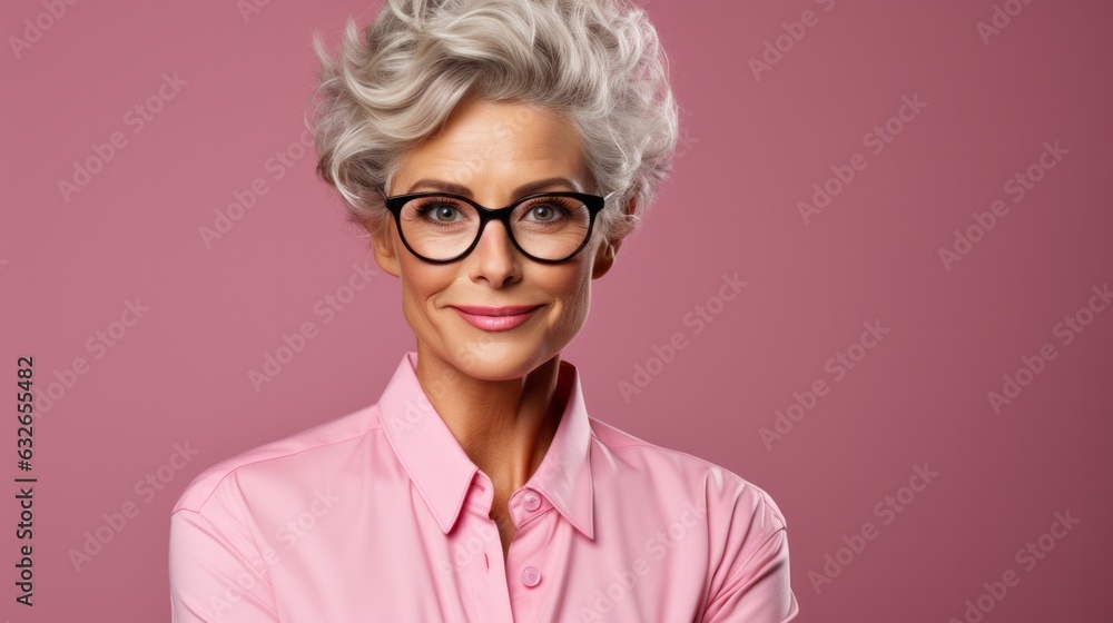 portrait of attractive healthy beautiful old senior age woman elegance confident and stylish hair costume studio shot on colour background,ai generate