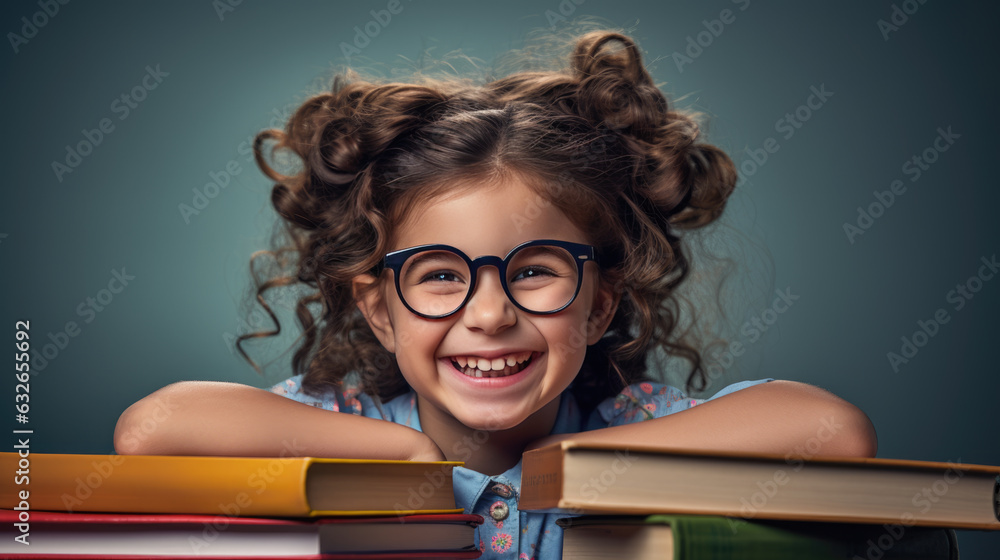 Little girl surrounded by books and smiles on dark green background. Created with Generative AI technology. Little girl surrounded by books and smiles on dark green background. Created with Generative AI technology.