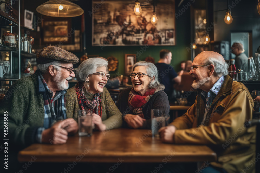 A group of seniors enjoying a lively conversation and laughter while sipping coffee at a cozy cafe, representing friendship, connection, and vibrant social lives. Generative Ai - obrazy, fototapety, plakaty 