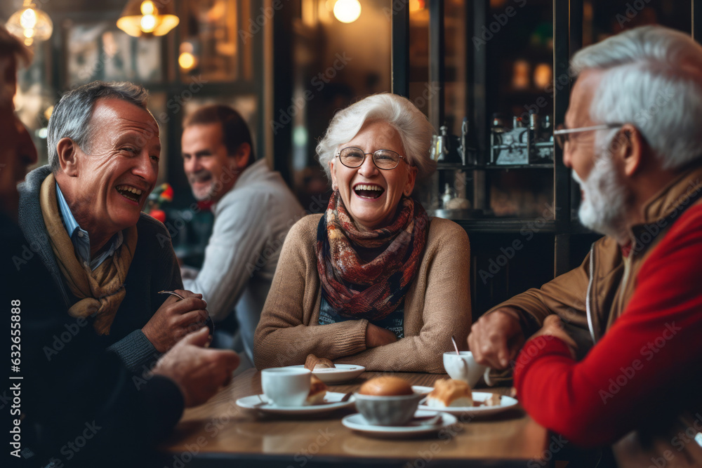 A group of seniors enjoying a lively conversation and laughter while sipping coffee at a cozy cafe, representing friendship, connection, and vibrant social lives. Generative Ai