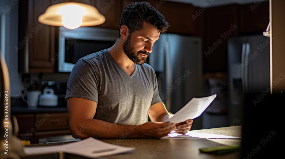 Man deals with paying bills at the end of the month in his kitchen. Created with Generative AI technology. Man deals with paying bills at the end of the month in his kitchen. Created with Generative AI technology.