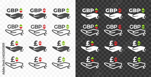 Hand and British Pound, GBP with up and down arrow currency exchange rate vector design. Foreign currencies and exchange rates value graphic design. Currency trade chart