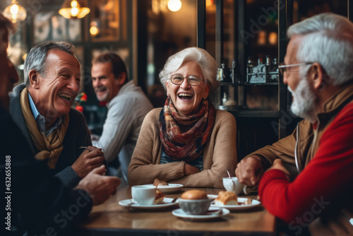 A group of seniors enjoying a lively conversation and laughter while sipping coffee at a cozy cafe, representing friendship, connection, and vibrant social lives. Generative Ai