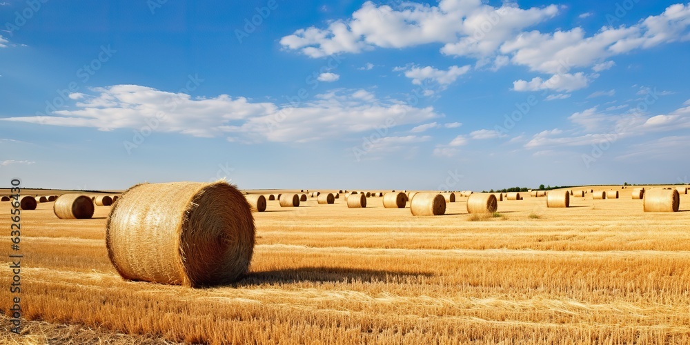 AI Generated. AI Generative. Autumn countryside harvest farming round bales stack. Outdoor nature landscape. Graphic Art
