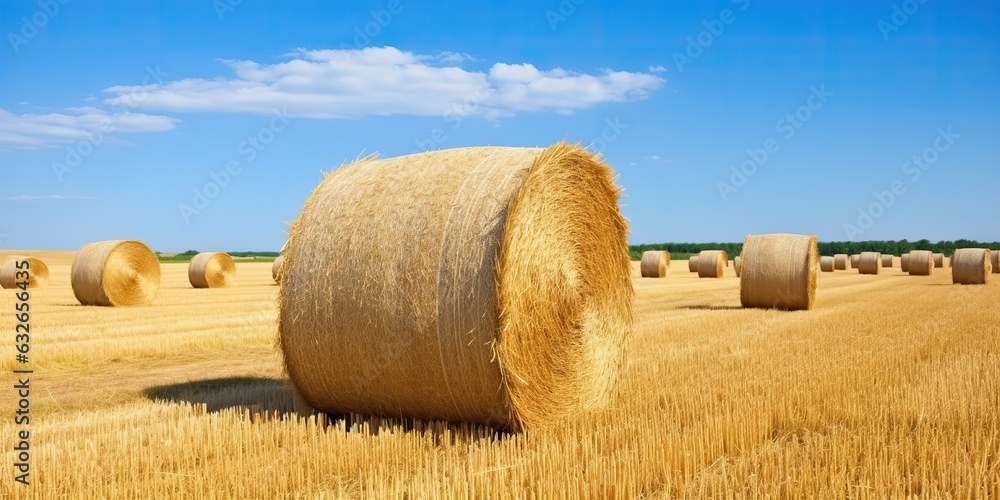 AI Generated. AI Generative. Autumn countryside harvest farming round bales stack. Outdoor nature landscape. Graphic Art