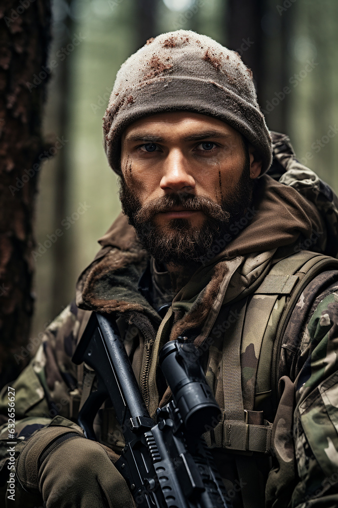 Elite soldier in forest with blurred forest background
