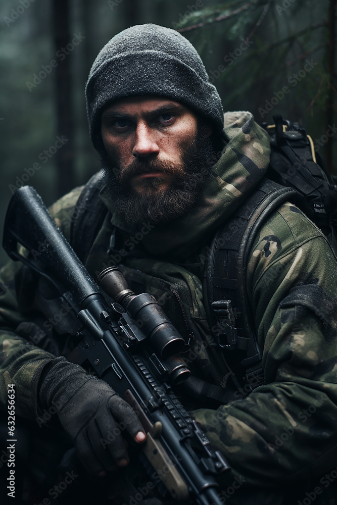 Fototapeta premium Elite soldier in forest with blurred forest background