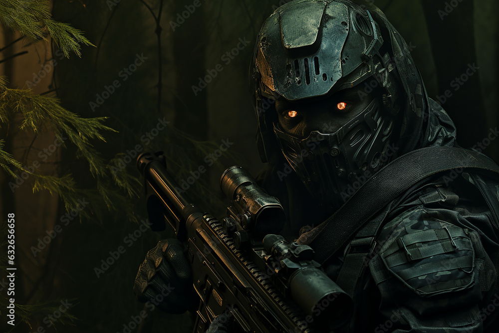 soldier with gas mask with forest as background soldier with gas mask with forest as background