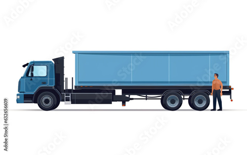 A illustration of a Pickup truck with a large tipper trailer and a male driver against a white background.