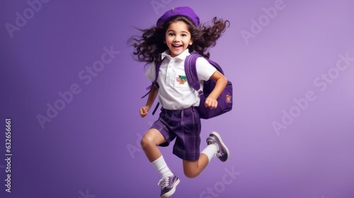 Happy little schoolgirl bouncing in the air against a purple background. Created with Generative AI technology.
