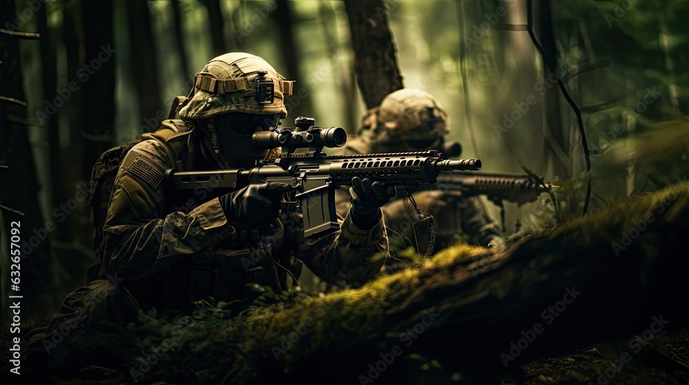 Modern warfare concept. Group of mercenary soldiers during an ambush in the forest. They aim at the enemy, hiding behind the trunks of fallen trees.