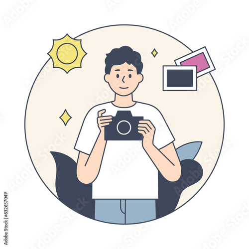 Character design on vacation inside a circle. People swimming, drinking cocktails on the beach, going abroad, looking at maps, finding directions and taking pictures. flat design vector illustration.