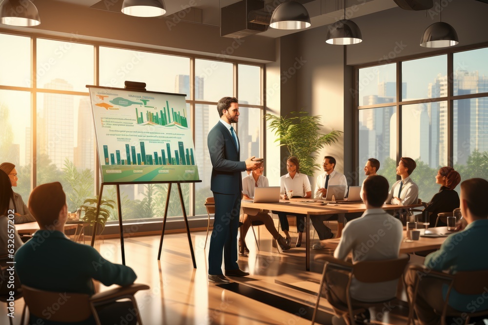 Business man makes a presentation in the office standing behind the easel for the business team illustration Business man makes a presentation in the office standing behind the easel for the business team illustration