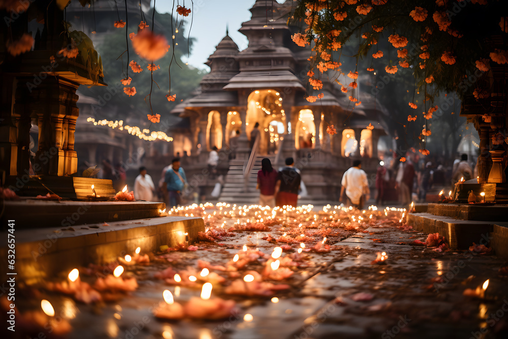 burning candles in diwali indian Temple Celebrations ai generated art 