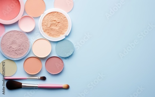 Background with cosmetics for women on a plain background, beauty accessories for the face. copy space.