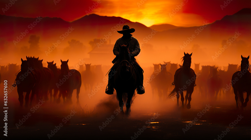 Sunset paints the misty scene of a cowboy silhouette on horseback leading cattle through pools of water, a rustic picture of serenity and movement.