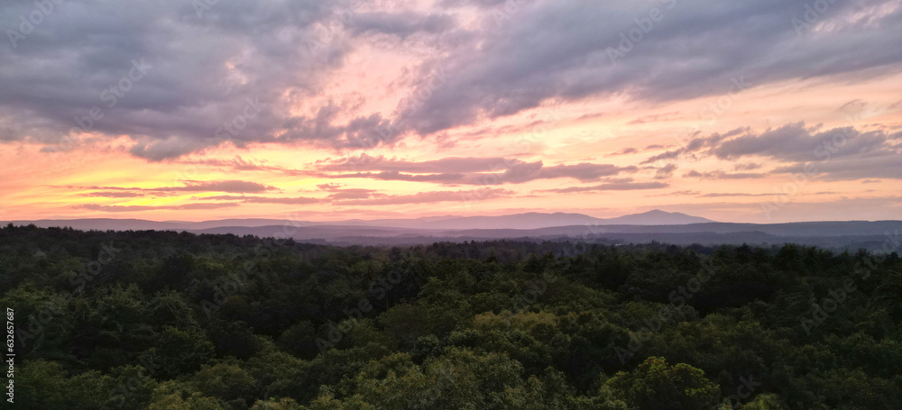 view of catskill mountains at sunset (catskills, new york state, drone image of hills and trees) landscape, nature, blue sunrise