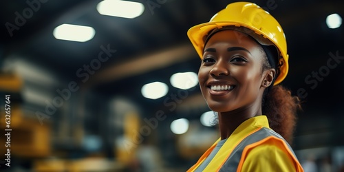 Happy woman works as an engineer and smiles at labor in a heavy industry factory. © Zaleman
