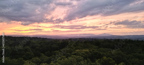 view of catskill mountains at sunset (catskills, new york state, drone image of hills and trees) landscape, nature, blue sunrise photo