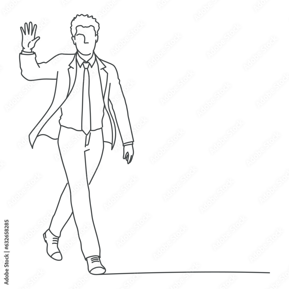 Man walks and waves his hand.