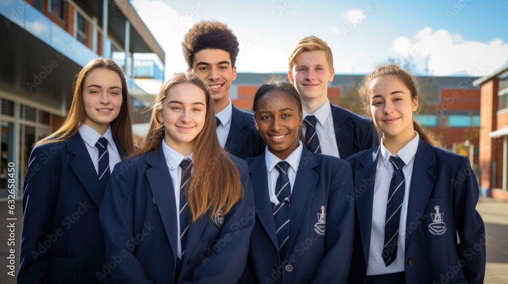Group of private school students stand outside in uniform in front of the school building. Created with Generative AI technology. Group of private school students stand outside in uniform in front of the school building. Created with Generative AI technology.