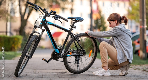 Young girl checking pressure of bike's tyres in the autumn park.