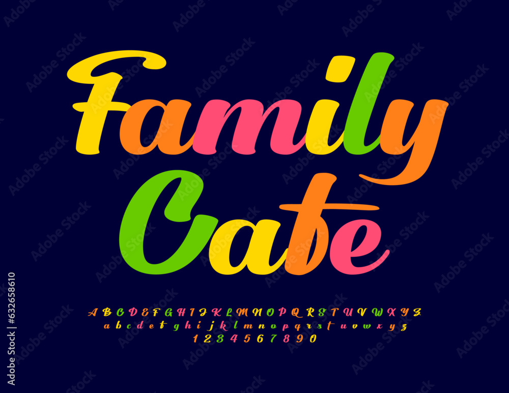 Vector cute banner Family Cafe with colorful Alphabet Letters and Numbers. Cursive bright Font