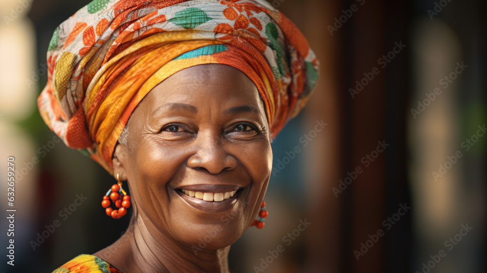 Portrait of an elderly African woman in national dress.