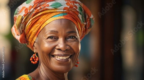 Portrait of an elderly African woman in national dress.