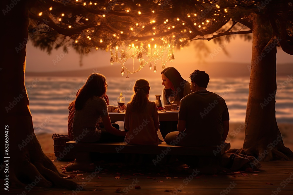 Group of friends sitting at a table by the sea in the evening, A cozy warm image of a cozy family gathered around in Christmas, AI Generated
