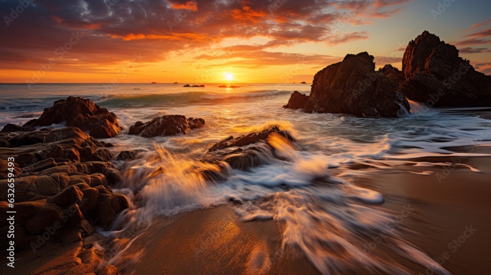 Photo of a breathtaking sunset over the ocean with rocks in the foreground created with Generative AI technology Photo of a breathtaking sunset over the ocean with rocks in the foreground created with Generative AI technology