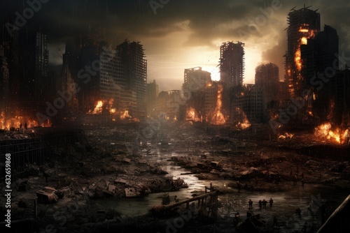 Fire in the city. Fire in the city. Fire in the city. a dystopian world destroyed by overpopulation, AI Generated