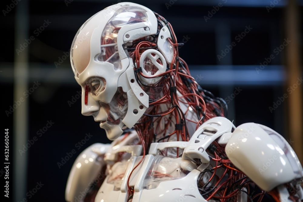 Close up shot of a female robot at the Tokyo Museum of Science and Technology. humanoid robot that can bend and move like a human, with its arms and legs connected by long, sleek wires, AI Generated Close up shot of a female robot at the Tokyo Museum of Science and Technology. humanoid robot that can bend and move like a human, with its arms and legs connected by long, sleek wires, AI Generated