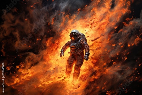 Astronaut in space suit on fire background. Science fiction. A flattering fire from space, AI Generated