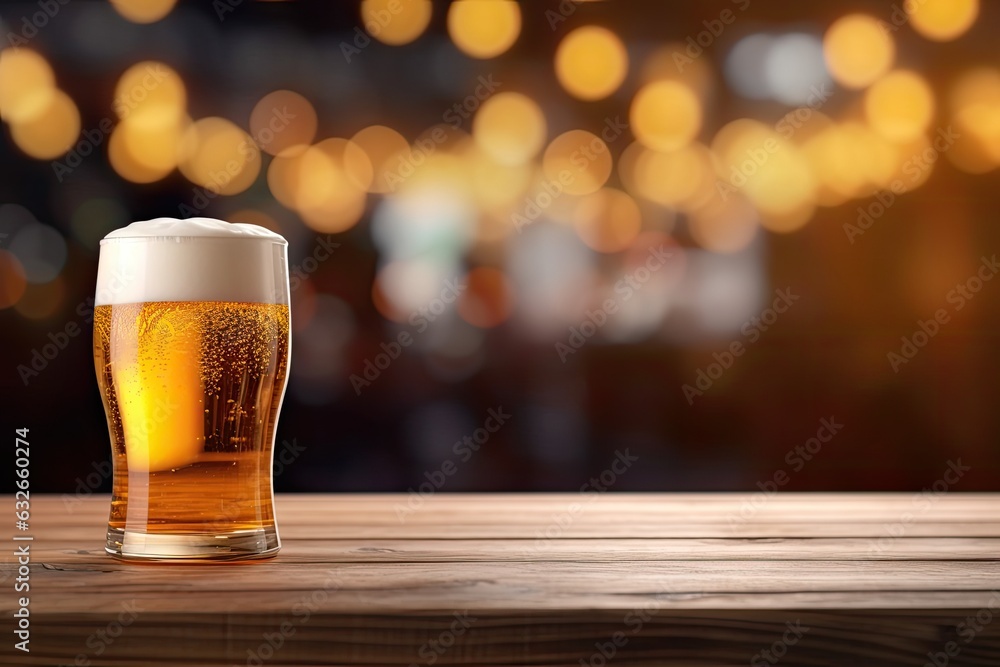 Beer glass on wooden table against defocused lights on background. Space for text, A glass of beer on a wooden board and blurred bar background.Free space for decoration, AI Generated Beer glass on wooden table against defocused lights on background. Space for text, A glass of beer on a wooden board and blurred bar background.Free space for decoration, AI Generated