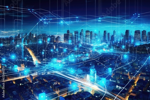 Conceptual image of global network connection over cityscape at night, A futuristic urban city background with blue network connection lines and hologram effect, AI Generated